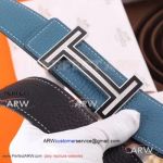 Perfect Replica Hermes Blue Leather Belt Stainless Steel Buckle Diamonds